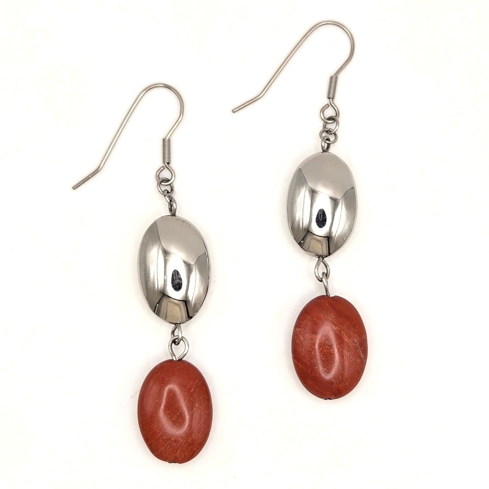 Silver Tone Red Jasper Oval Drop Dangle Earrings Stainless Steel Hooks
